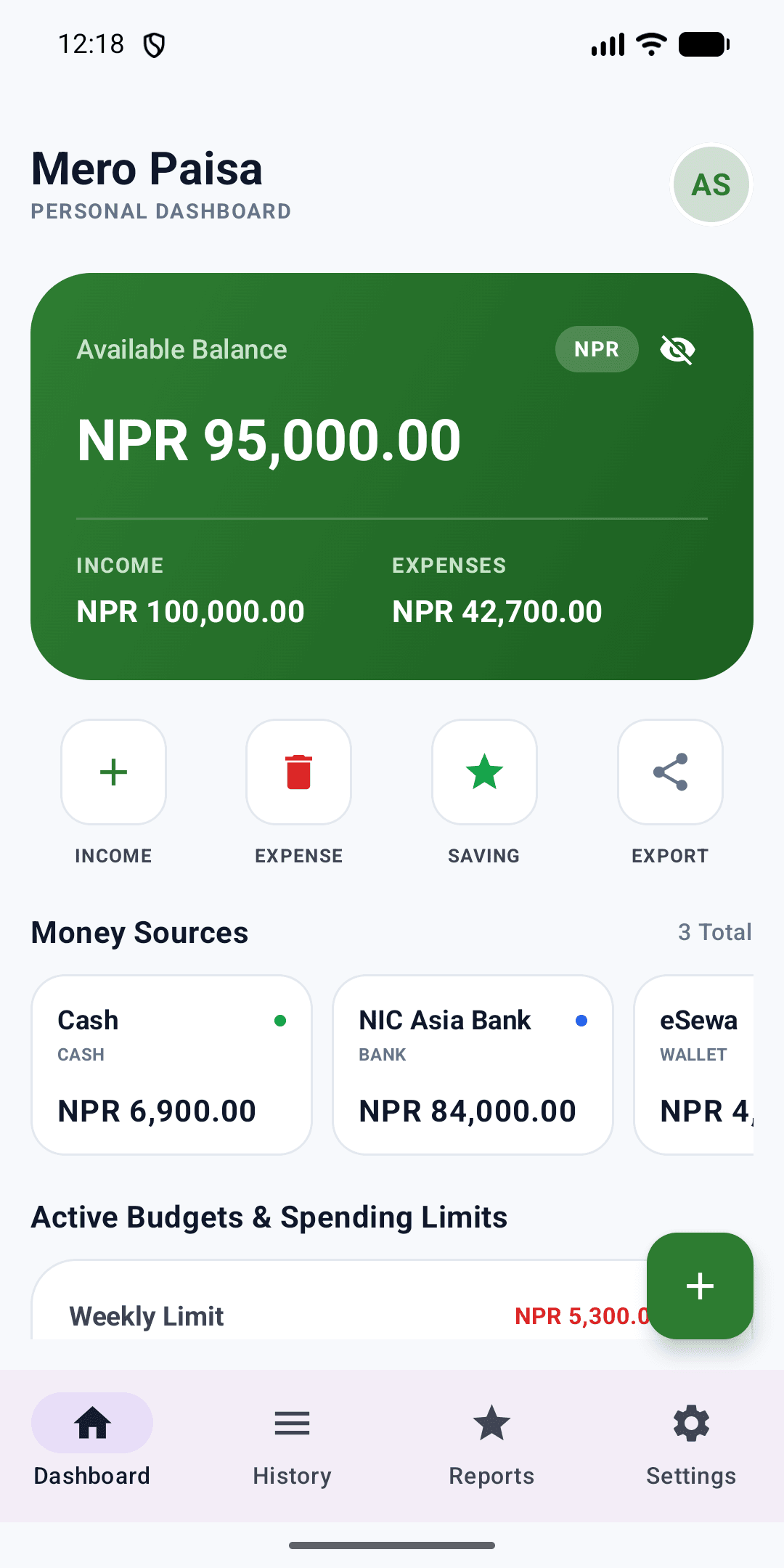 The Mero Paisa dashboard showing an available balance, money sources and active budgets
